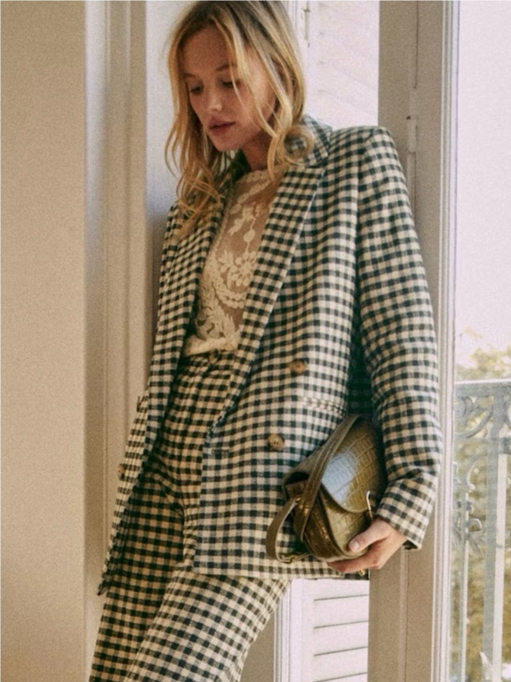 Sezane Chelsea Blazer Jacket Ecru Khaki Gingham Size 4 EU 36